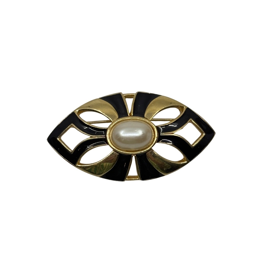 Vintage Gold Tone Black Enamel Faux Pearl Geometric Art Deco Marquise Brooch Pin